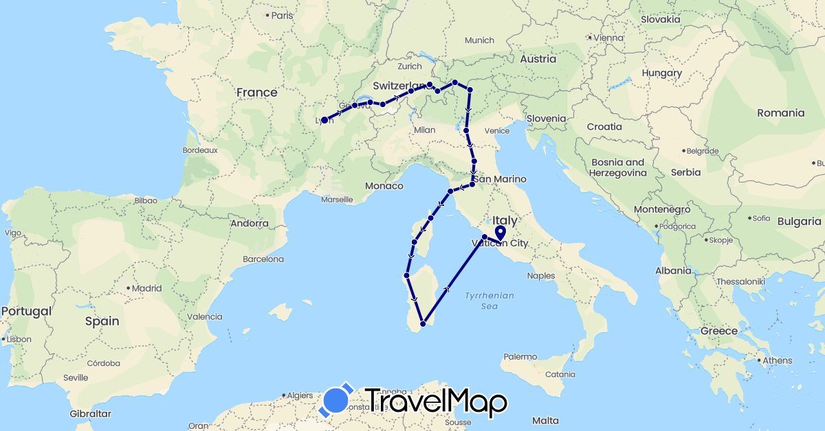 TravelMap itinerary: driving in Austria, Switzerland, France, Italy (Europe)